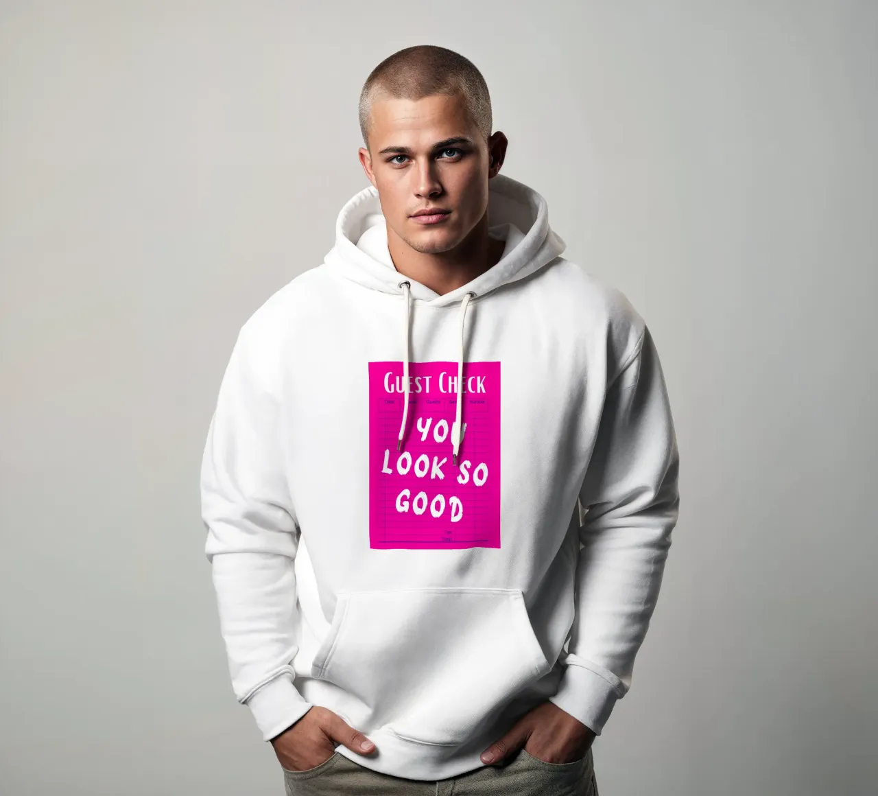 "You Look So Good" Guest Check Impresión rosa sudadera con capucha de homdeco