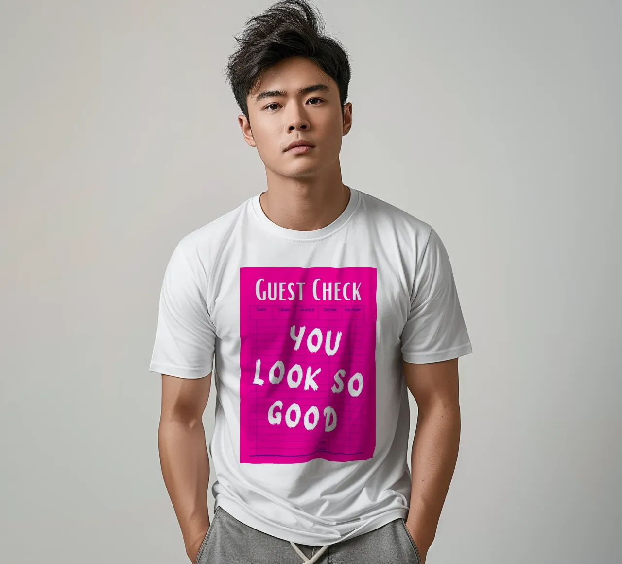 "You Look So Good" Gast Check Roze Print t-shirt van homdeco