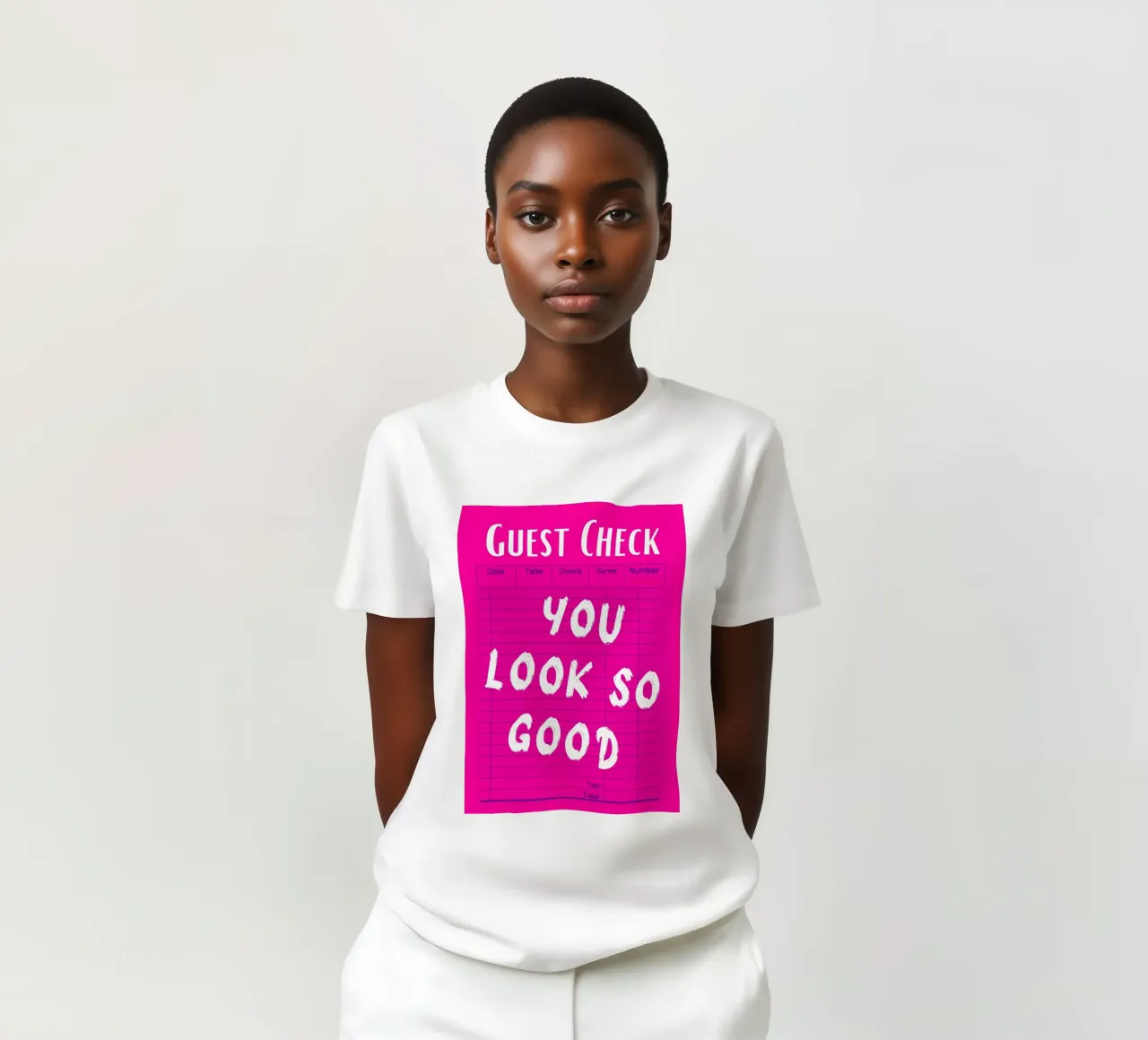 "You Look So Good" Gast Check Roze Print t-shirt van homdeco