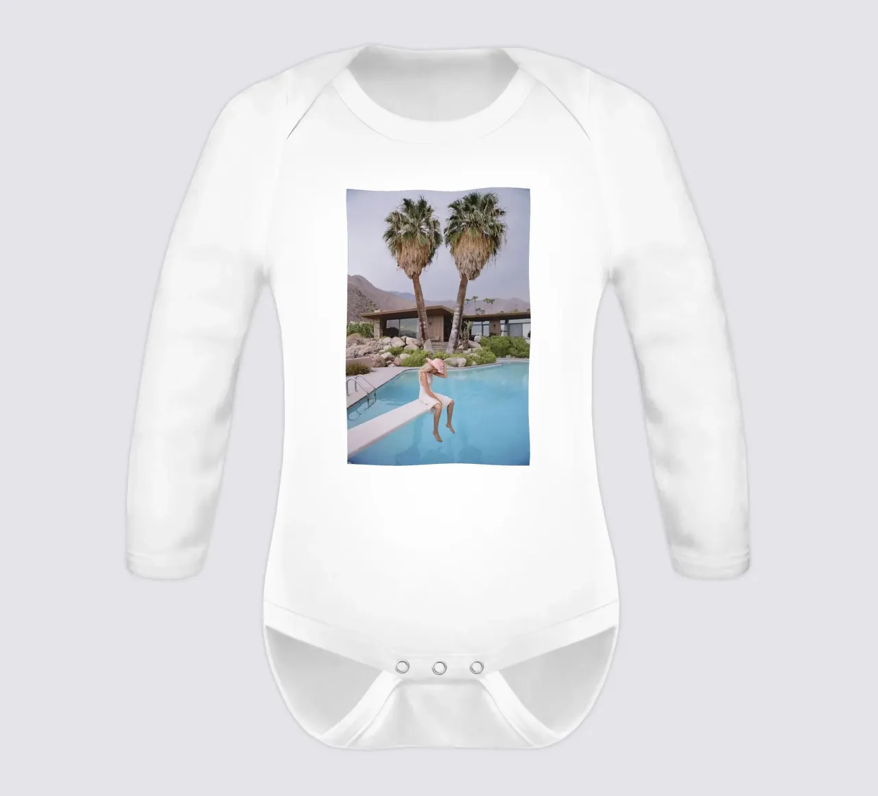 Slim Aarons - Woman Pondering in Swimming Pool long-sleeve baby romper by The Poster UK