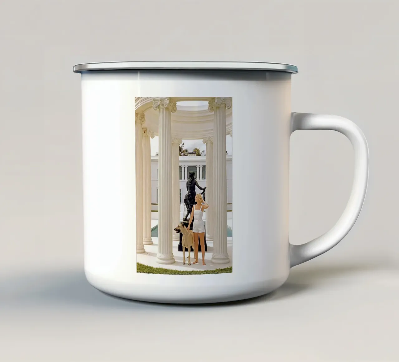 Slim Aarons - Donna che porta il cane tazza in smalto da The Poster UK