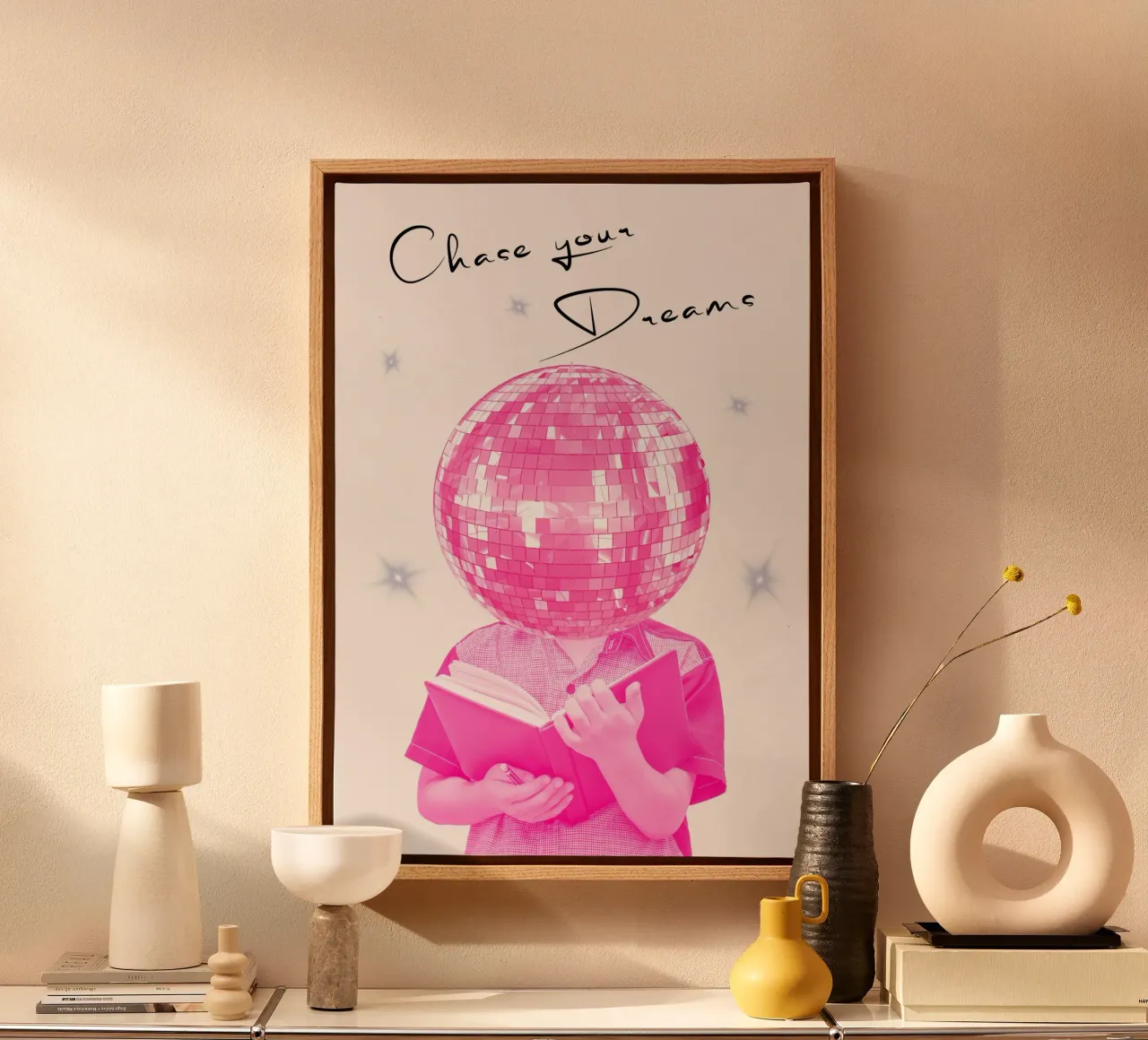 "Ga je dromen achterna" Roze Disco Bal Kunstdruk canvas met Baklijst van homdeco