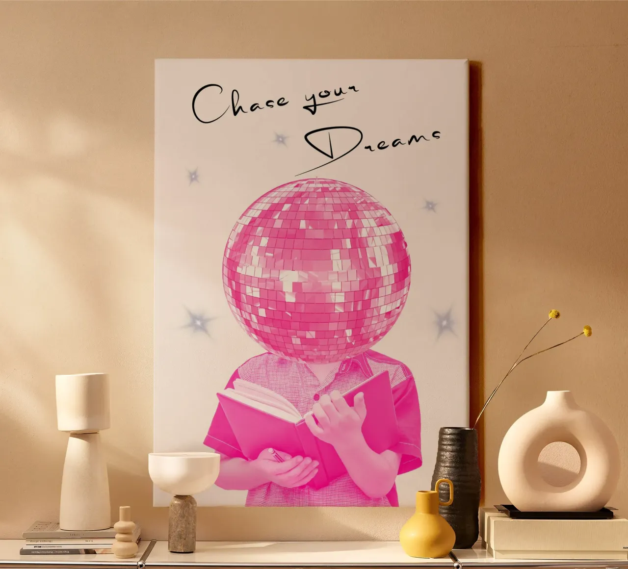 "Ga je dromen achterna" Roze Disco Bal Kunstdruk canvas met Baklijst van homdeco
