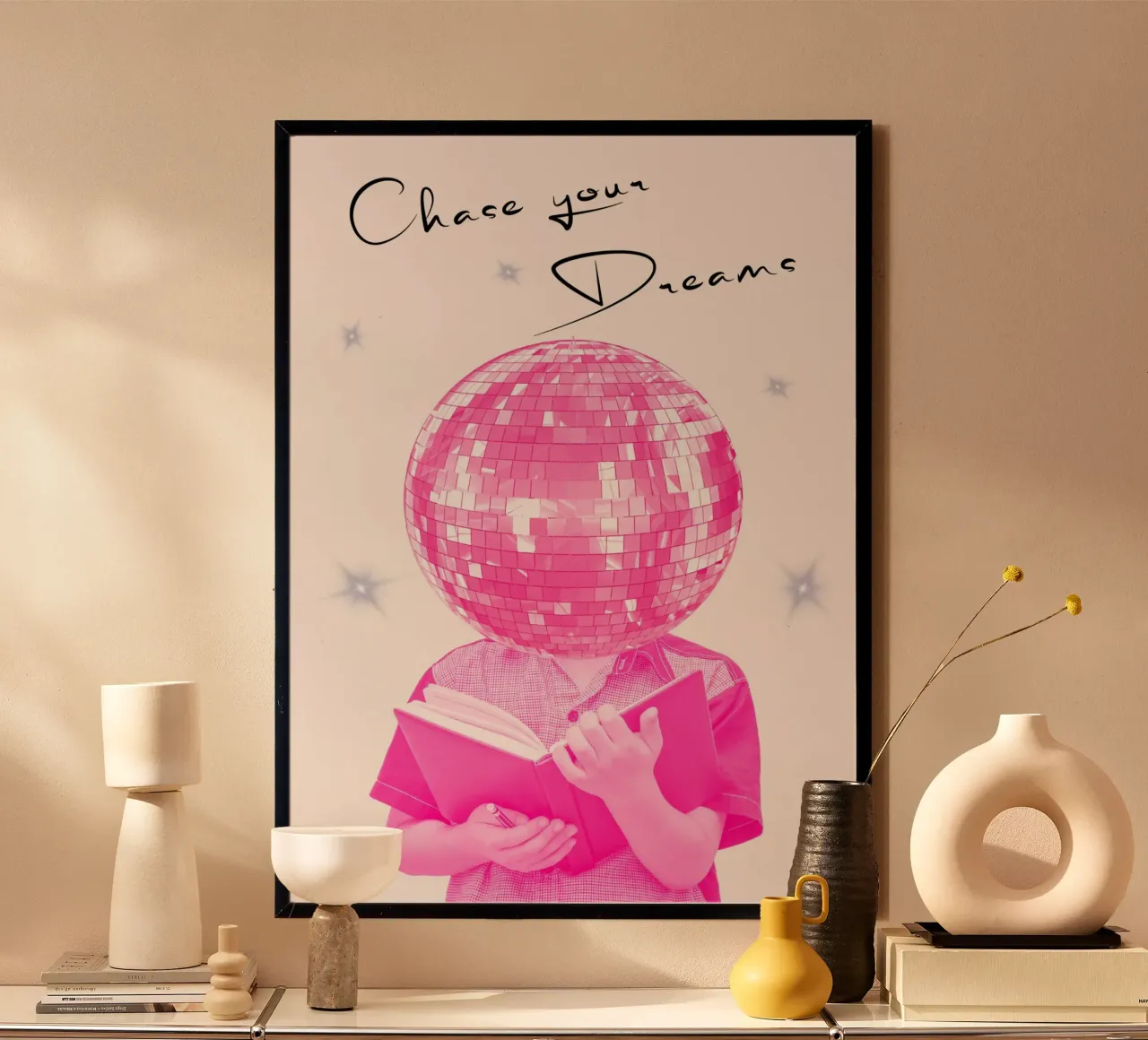 Stampa d'arte "Insegui i tuoi sogni" Palla da discoteca rosa poster da homdeco