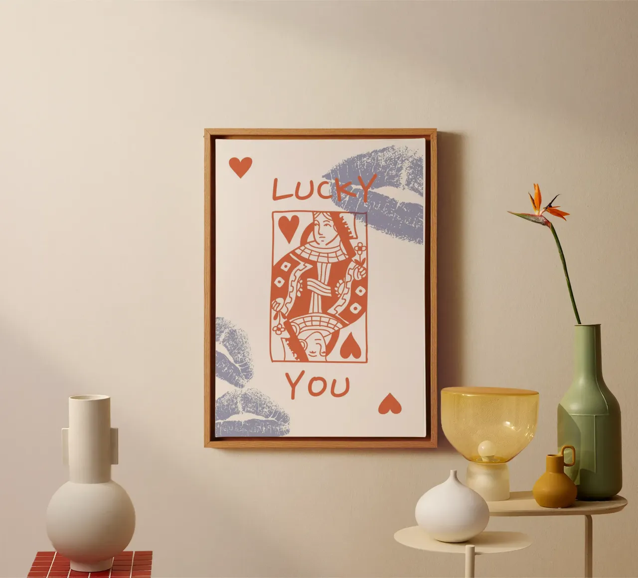 "Lucky You' Queen of Hearts Retro Pop Art Print canvas met Baklijst van homdeco