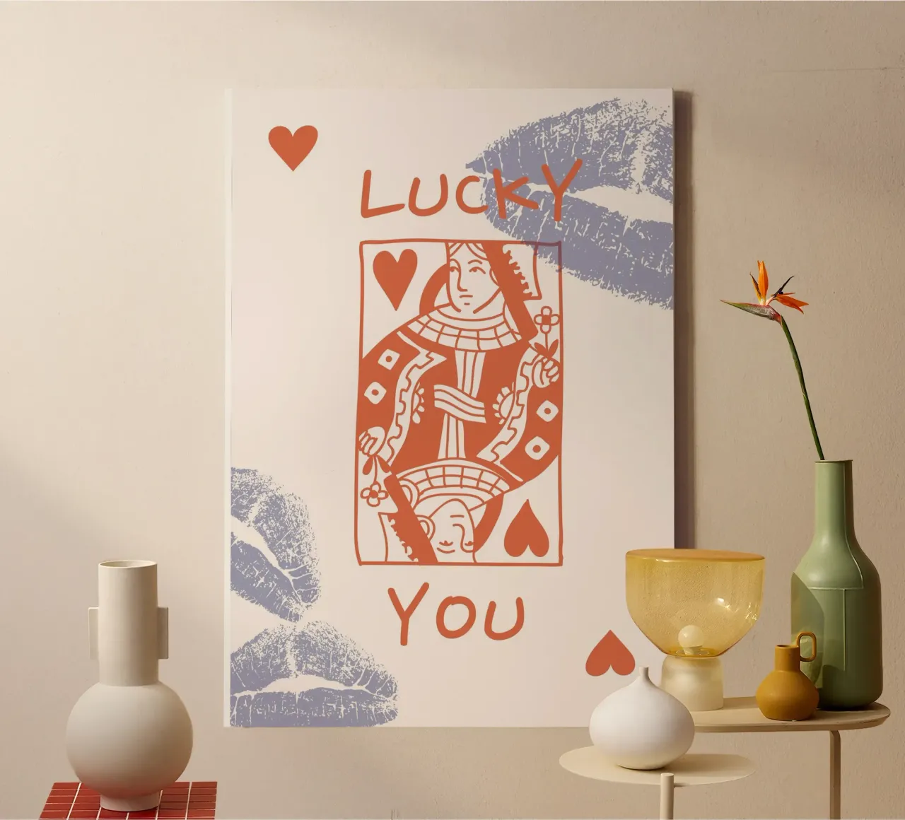 "Lucky You' Queen of Hearts Retro Pop Art Print canvas met Baklijst van homdeco