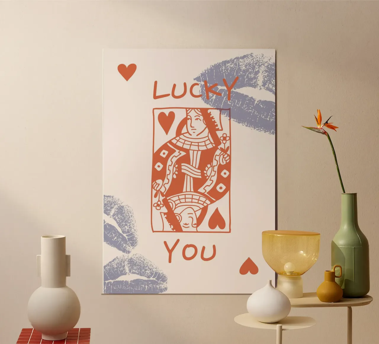 Stampa pop art retrò "Lucky You" Regina di cuori poster con telaio in alluminio da homdeco