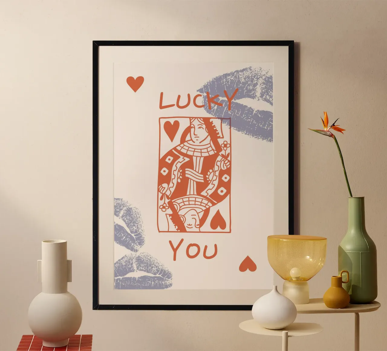 Stampa pop art retrò "Lucky You" Regina di cuori poster con telaio in alluminio da homdeco