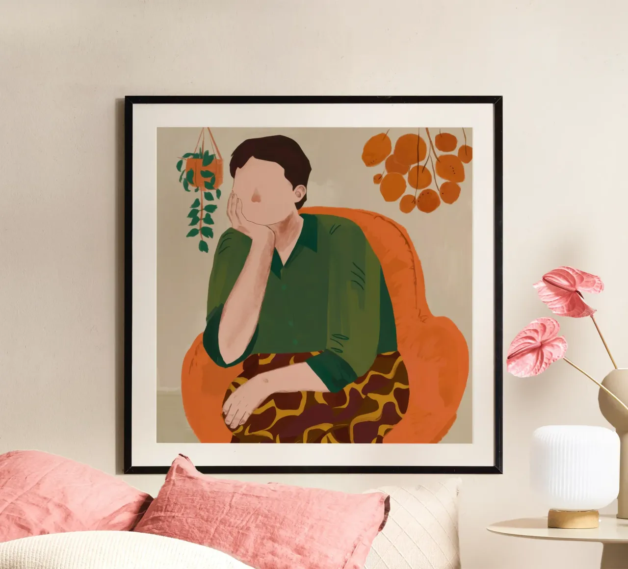 Peinzend groen moment poster met kunststof frame van Obs Canvas