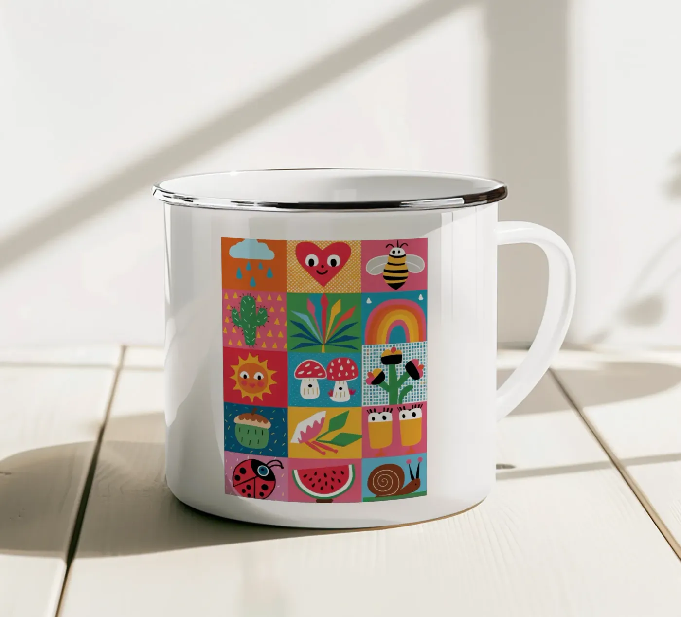 Cute Garden Patchwork enamel mug by Thistle Bloom