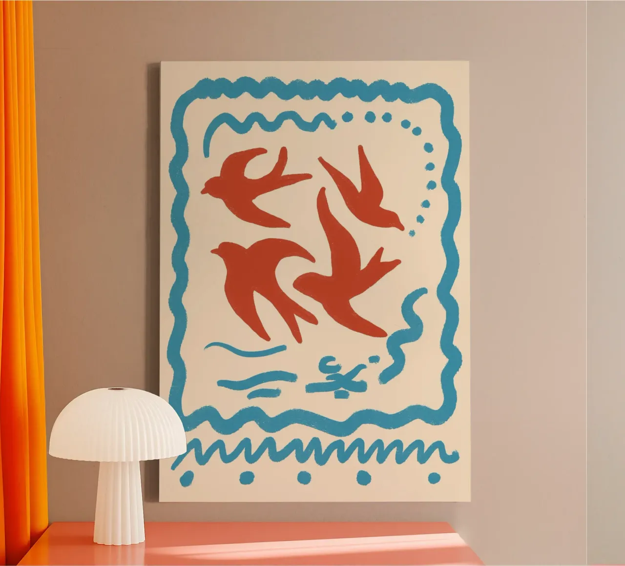 Op Matisse geïnspireerde Boho-vogels Folk Art Poster Print canvas met Baklijst van vintagepod