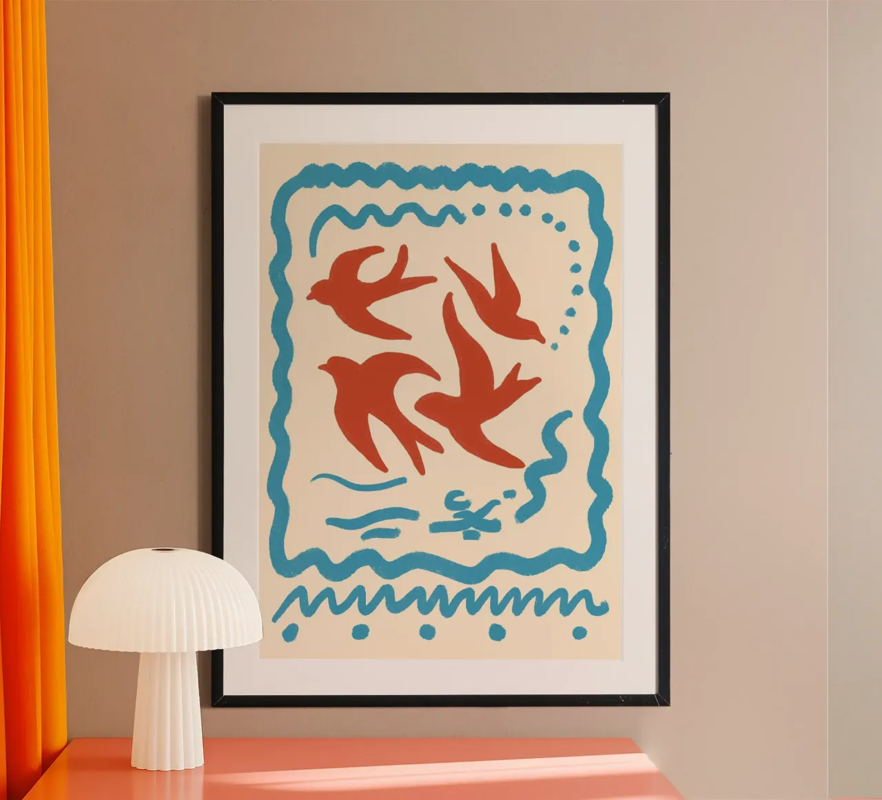 Op Matisse geïnspireerde Boho-vogels Folk Art Poster Print poster met kunststof frame van vintagepod