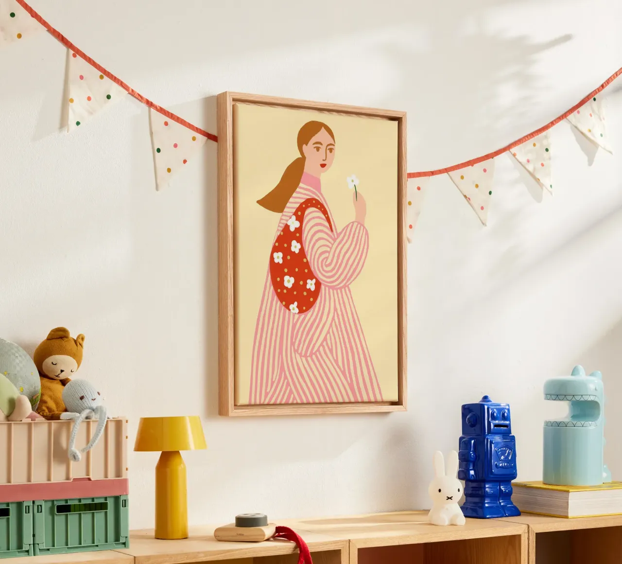 Boho Vrouw met Bloem en Bloemen Tas Poster canvas met Baklijst van vintagepod