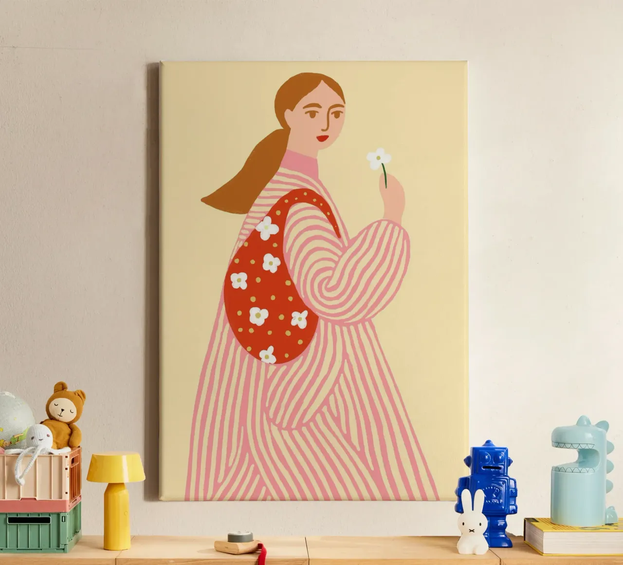 Boho Vrouw met Bloem en Bloemen Tas Poster canvas met Baklijst van vintagepod