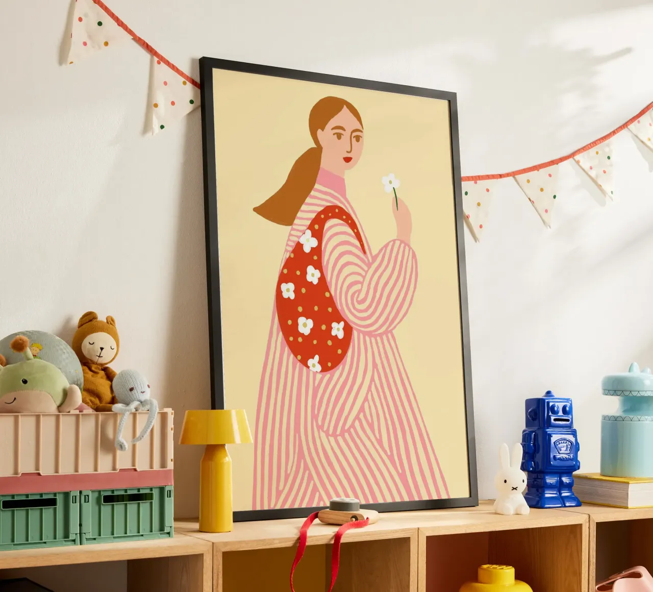 Poster Donna boho con fiore e borsa floreale poster con telaio in plastica da vintagepod