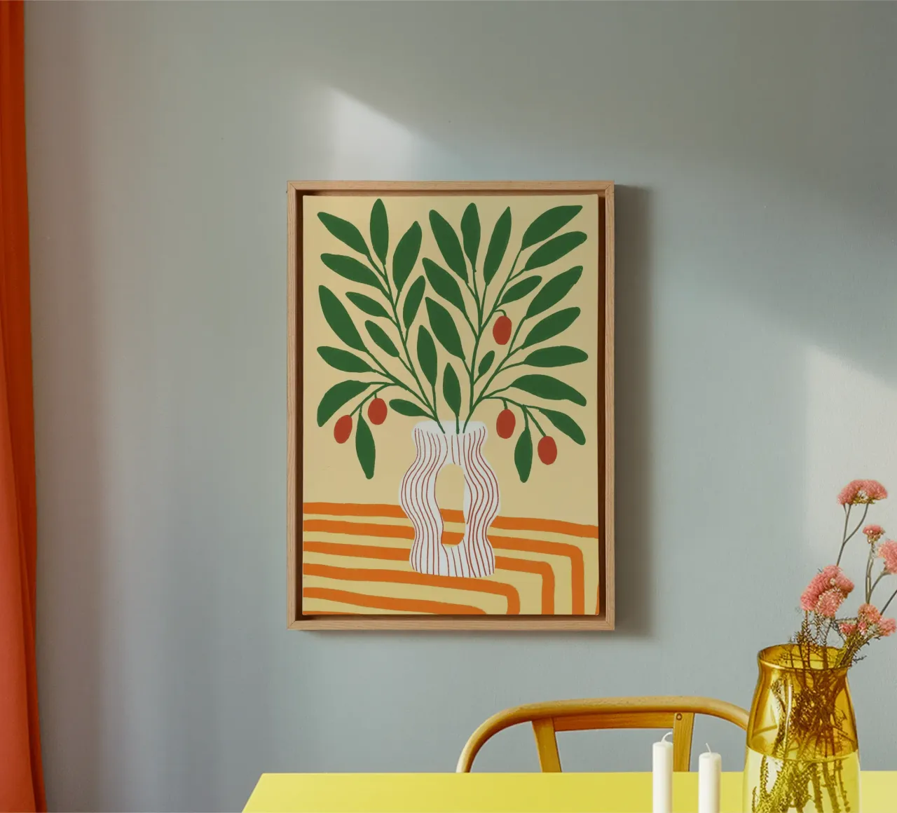 Abstracte bessen in golvende vaas Boho Poster Print canvas met Baklijst van vintagepod