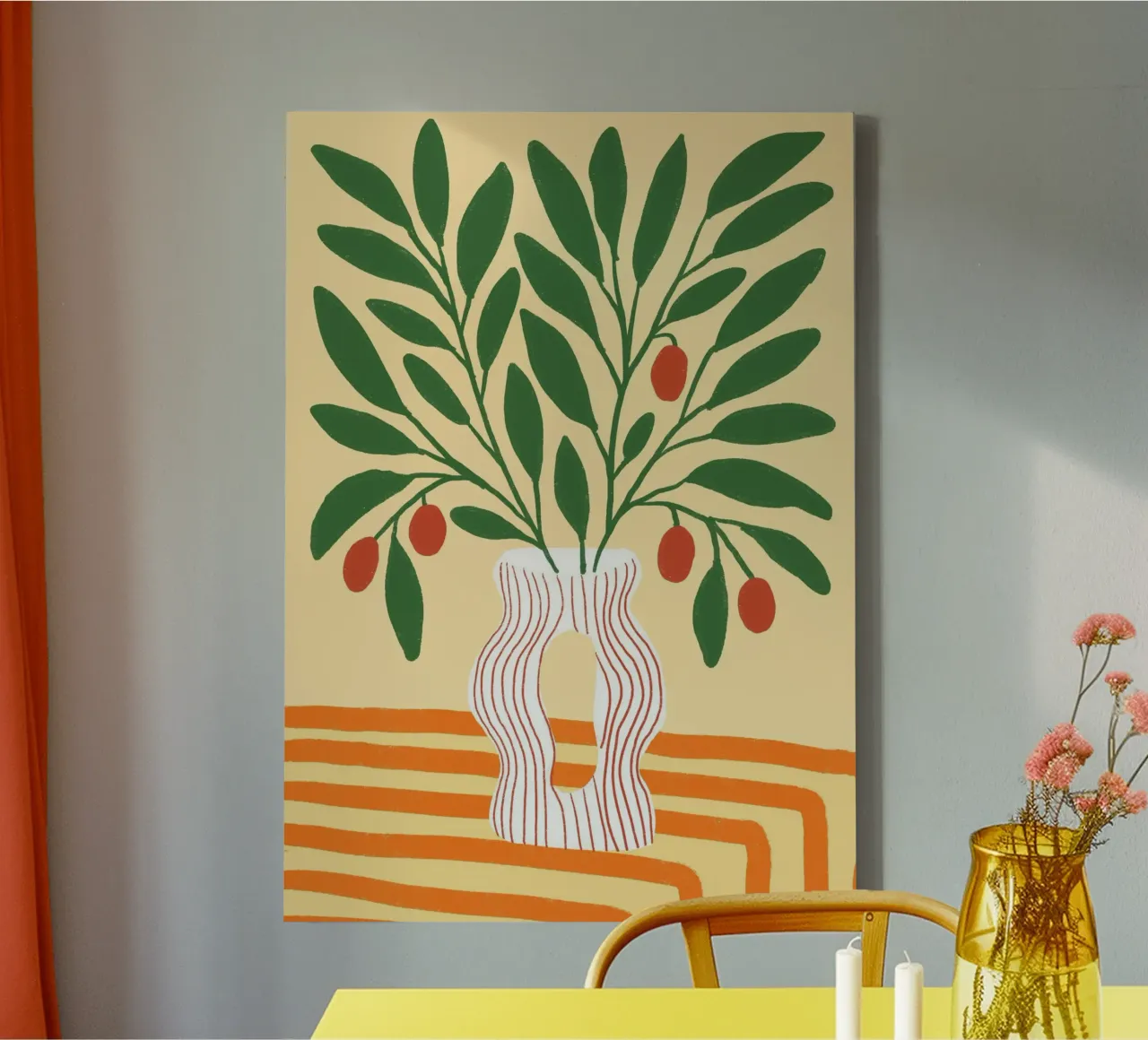 Abstracte bessen in golvende vaas Boho Poster Print canvas met Baklijst van vintagepod