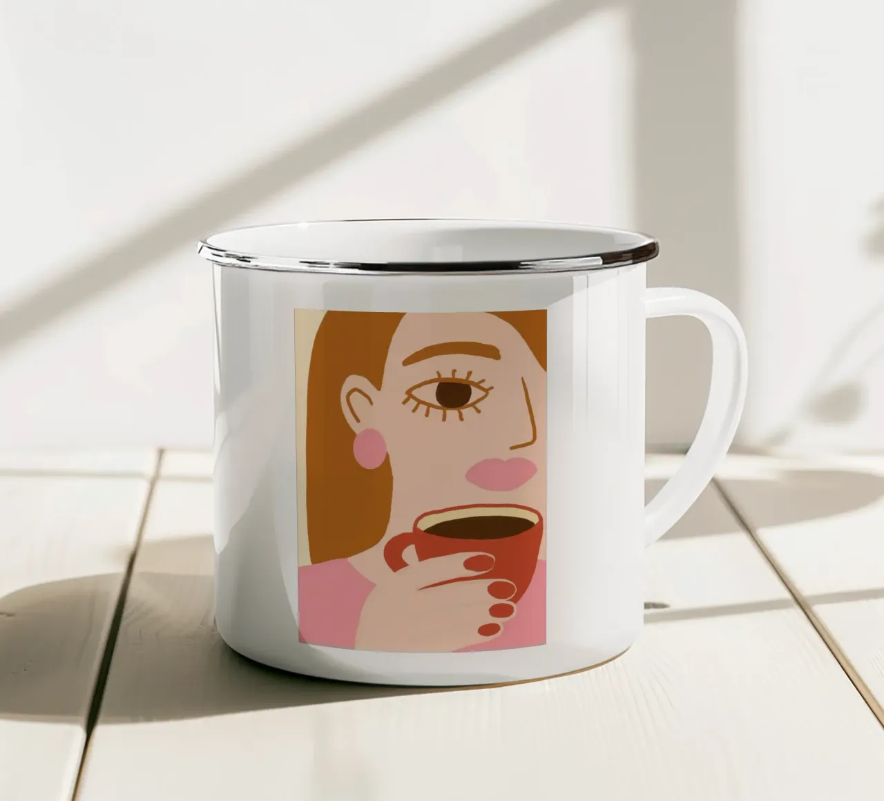 Donna che beve caffè Poster d'arte popolare boho tazza in smalto da vintagepod