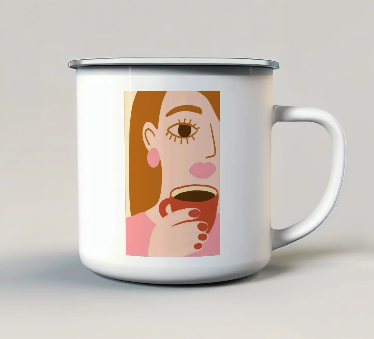 Donna che beve caffè Poster d'arte popolare boho tazza in smalto da vintagepod