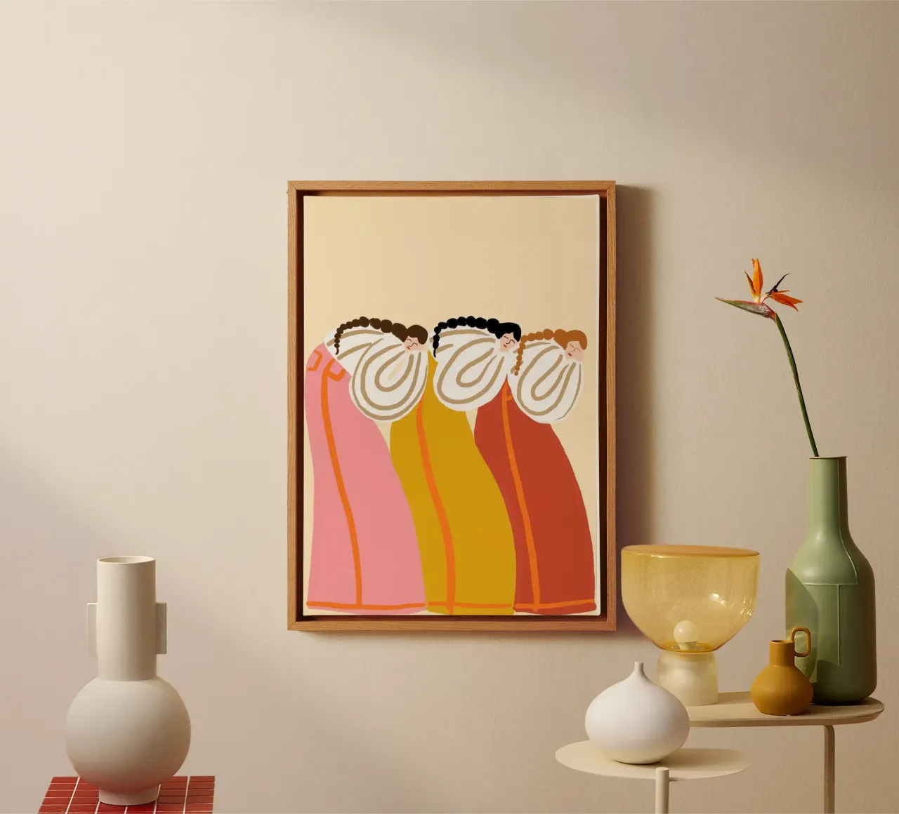 Three Sisters Boho Folk Art Poster Print canvas with Floater frame by vintagepod