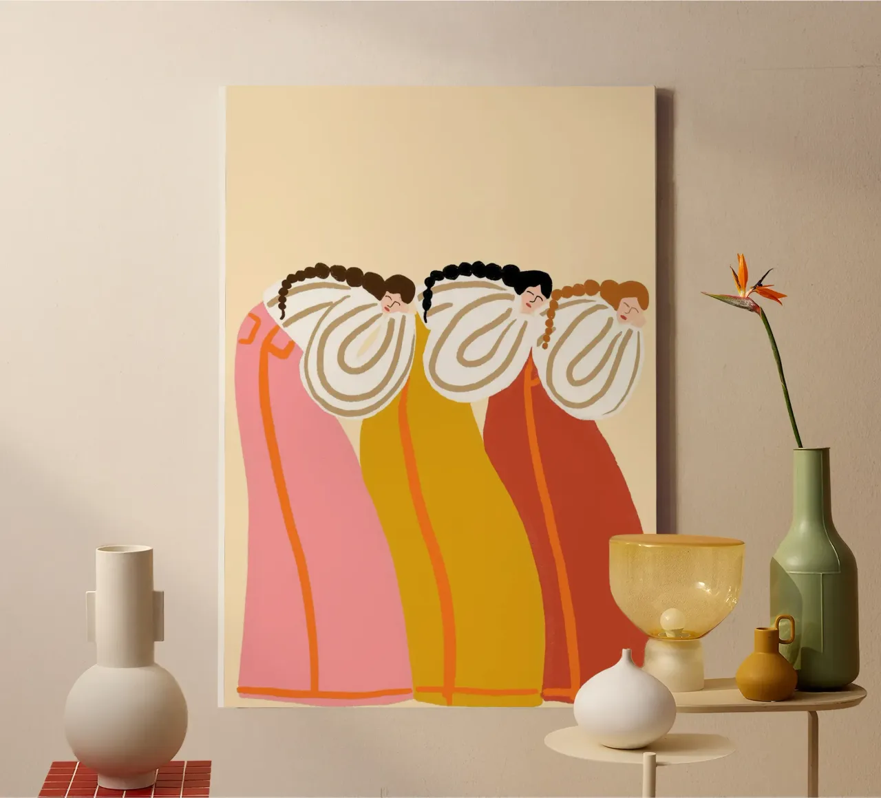 Three Sisters Boho Folk Art Poster Print canvas with Floater frame by vintagepod
