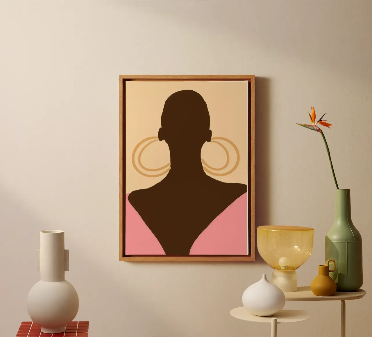 Silueta de mujer calva Pendientes de aro Poster Print lienzo con Marco flotante de vintagepod