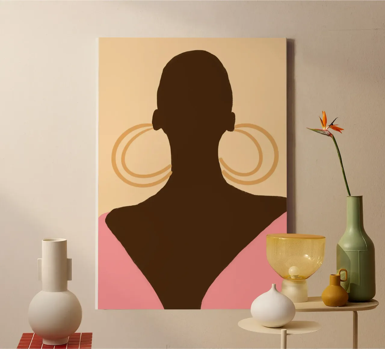 Silueta de mujer calva Pendientes de aro Poster Print lienzo con Marco flotante de vintagepod