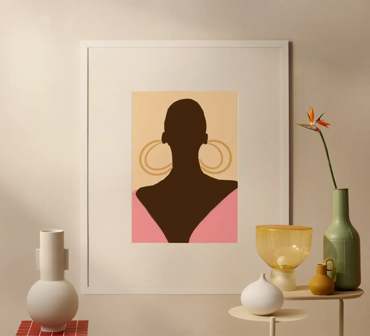 Silhouette di donna calva Orecchini a cerchio Stampa poster poster con telaio in alluminio da vintagepod