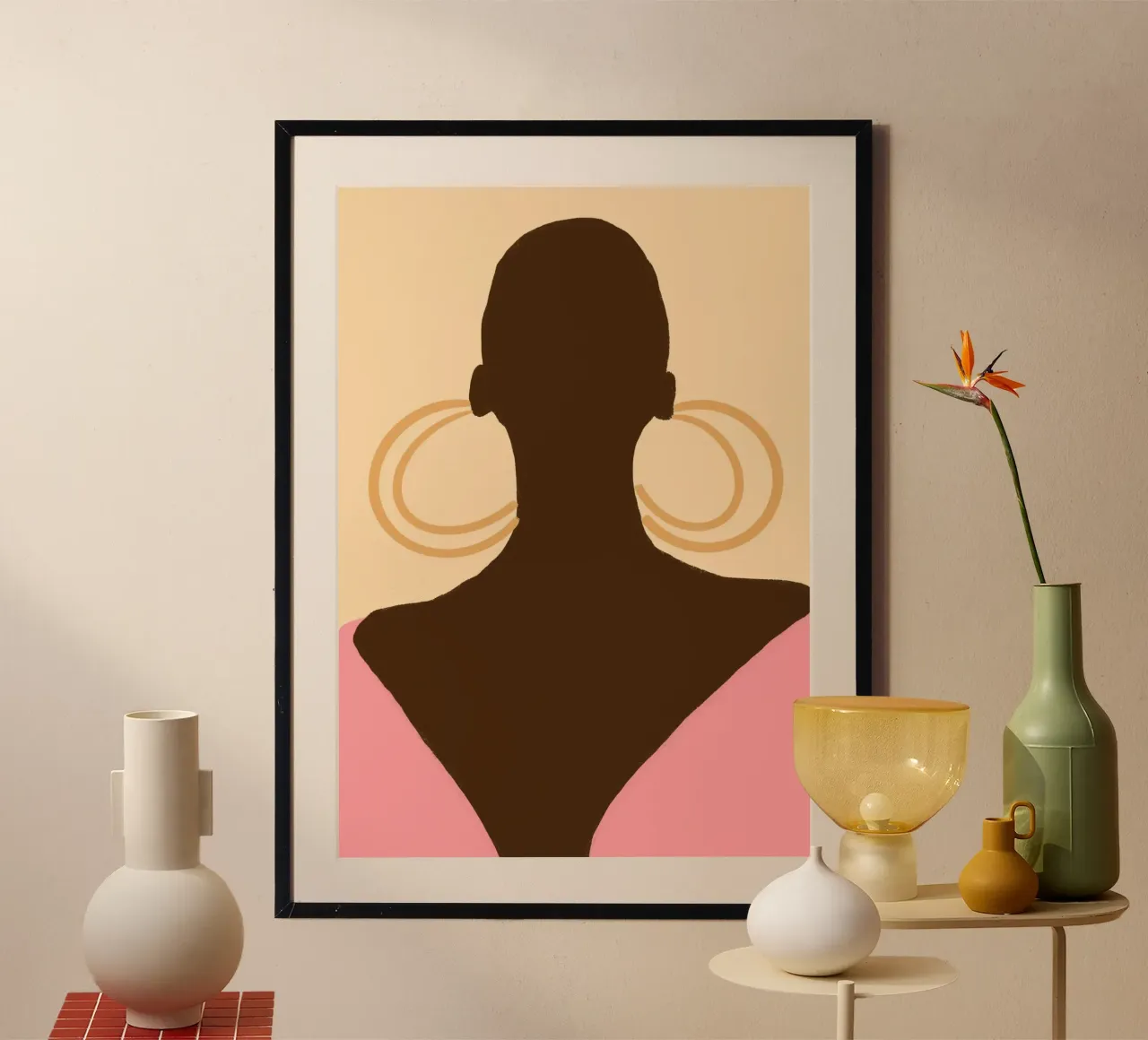 Silhouette di donna calva Orecchini a cerchio Stampa poster poster con telaio in alluminio da vintagepod