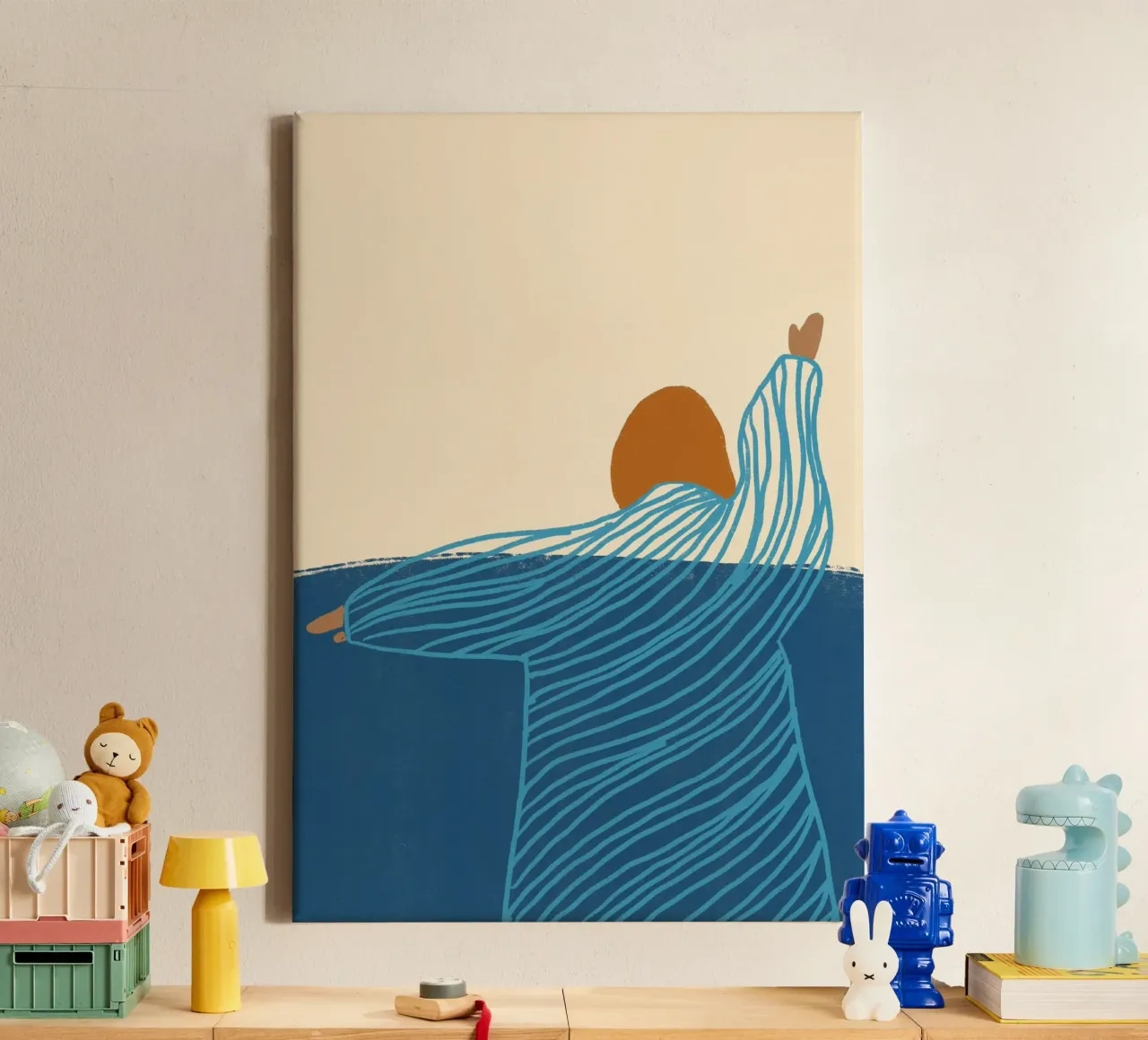 Mujer nadando en el océano Póster Boho lienzo con Marco flotante de vintagepod