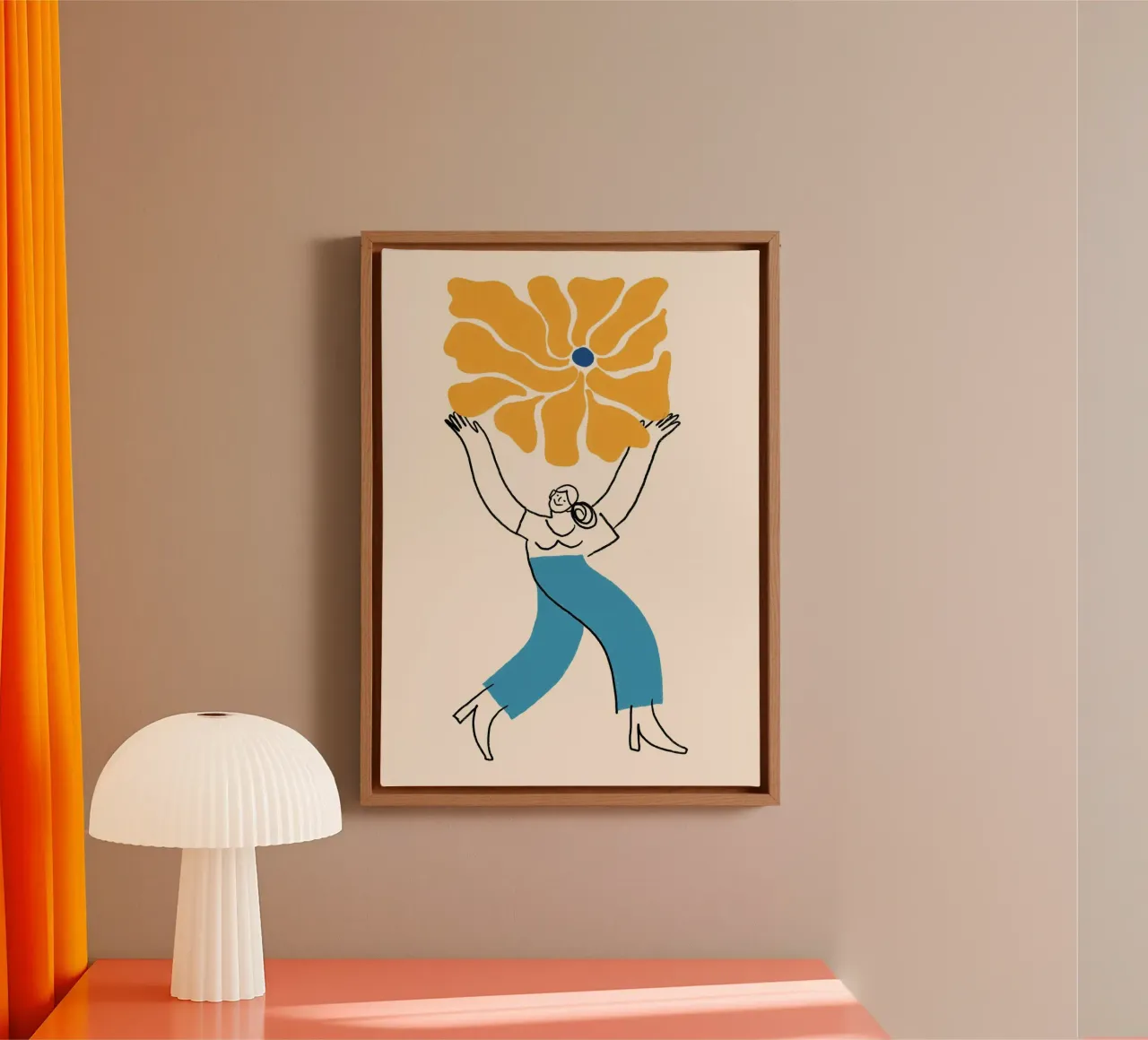 Gelukkige vrouw met een bloem Abstract Poster Print canvas met Baklijst van vintagepod