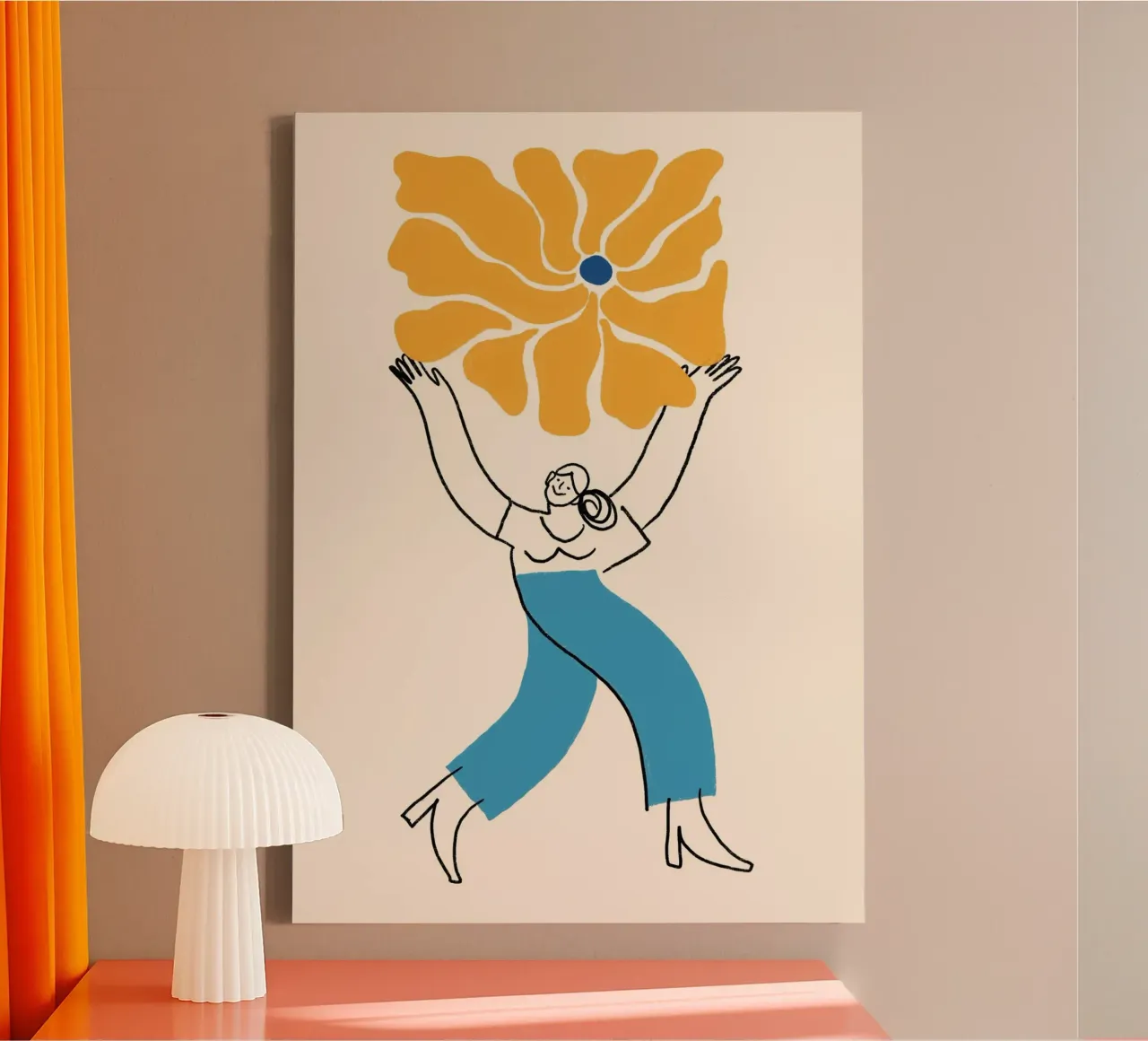 Gelukkige vrouw met een bloem Abstract Poster Print canvas met Baklijst van vintagepod
