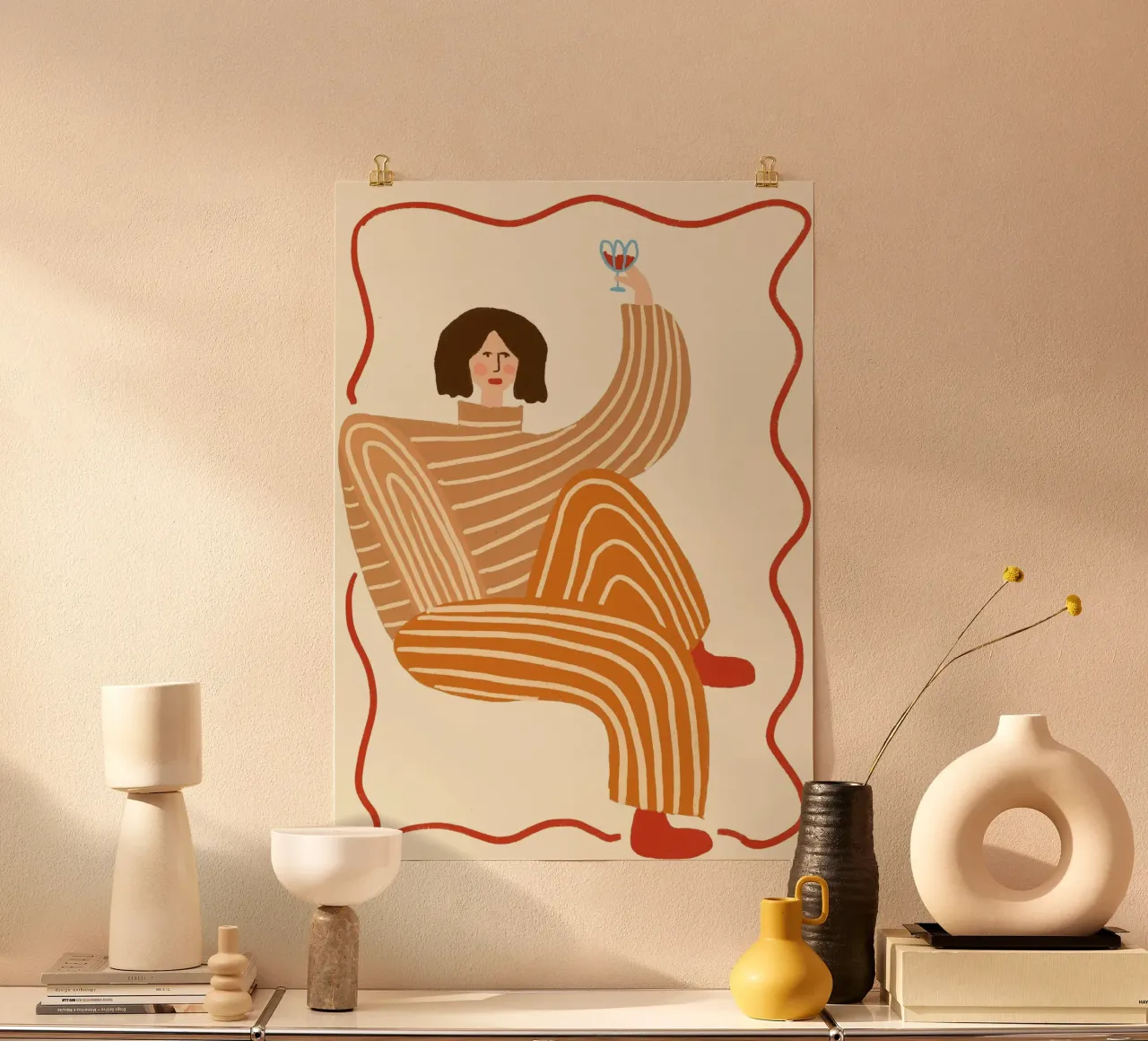 Donna con bicchiere di vino Poster d'arte popolare Boho poster con telaio in legno da vintagepod