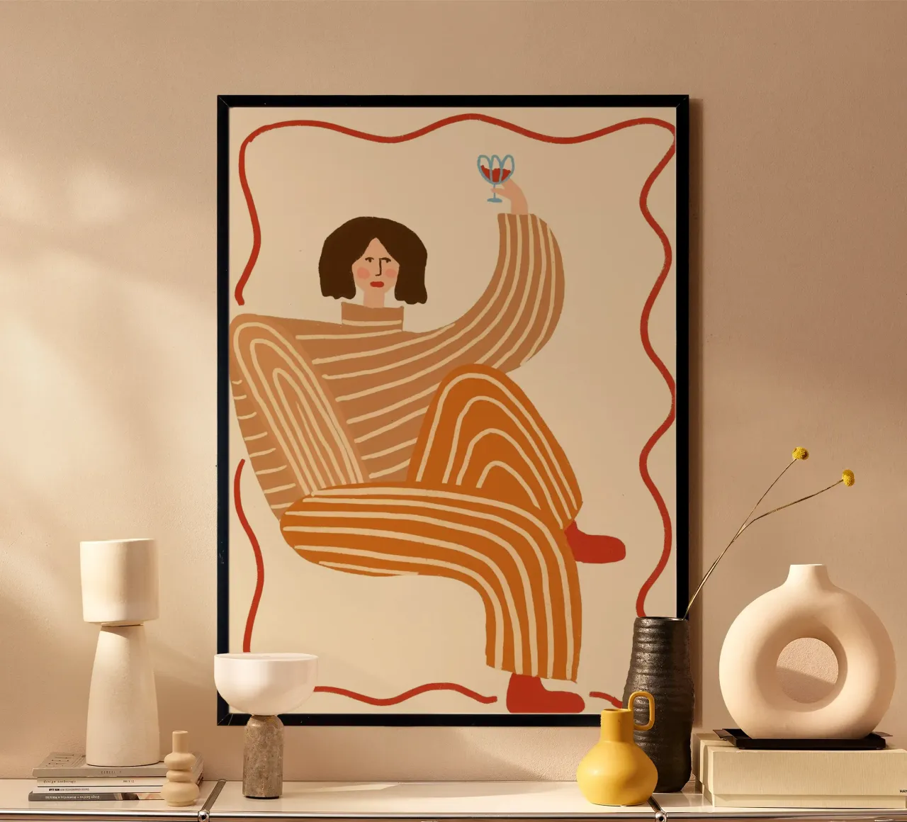Donna con bicchiere di vino Poster d'arte popolare Boho poster con telaio in legno da vintagepod