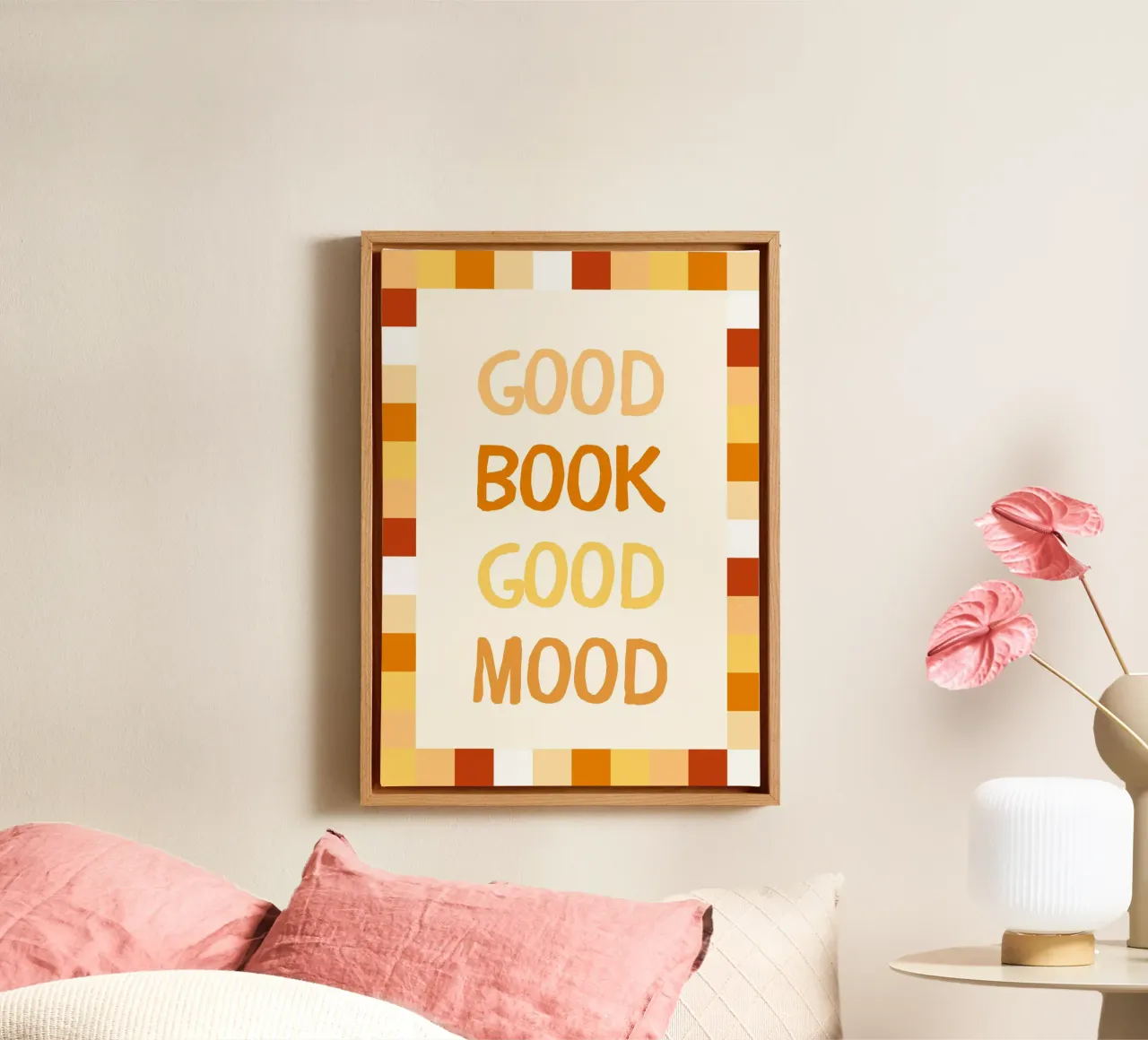 "Good Book, Good Mood" Modern Book Lover Poster canvas with Floater frame by vintagepod