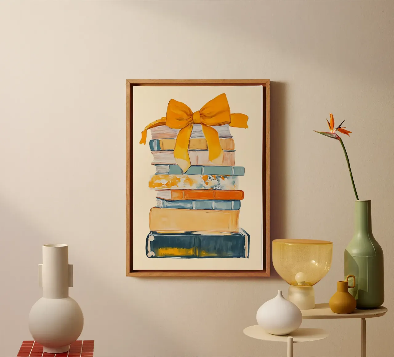 Book Stack with Yellow Bow Abstract Poster canvas with Floater frame by vintagepod