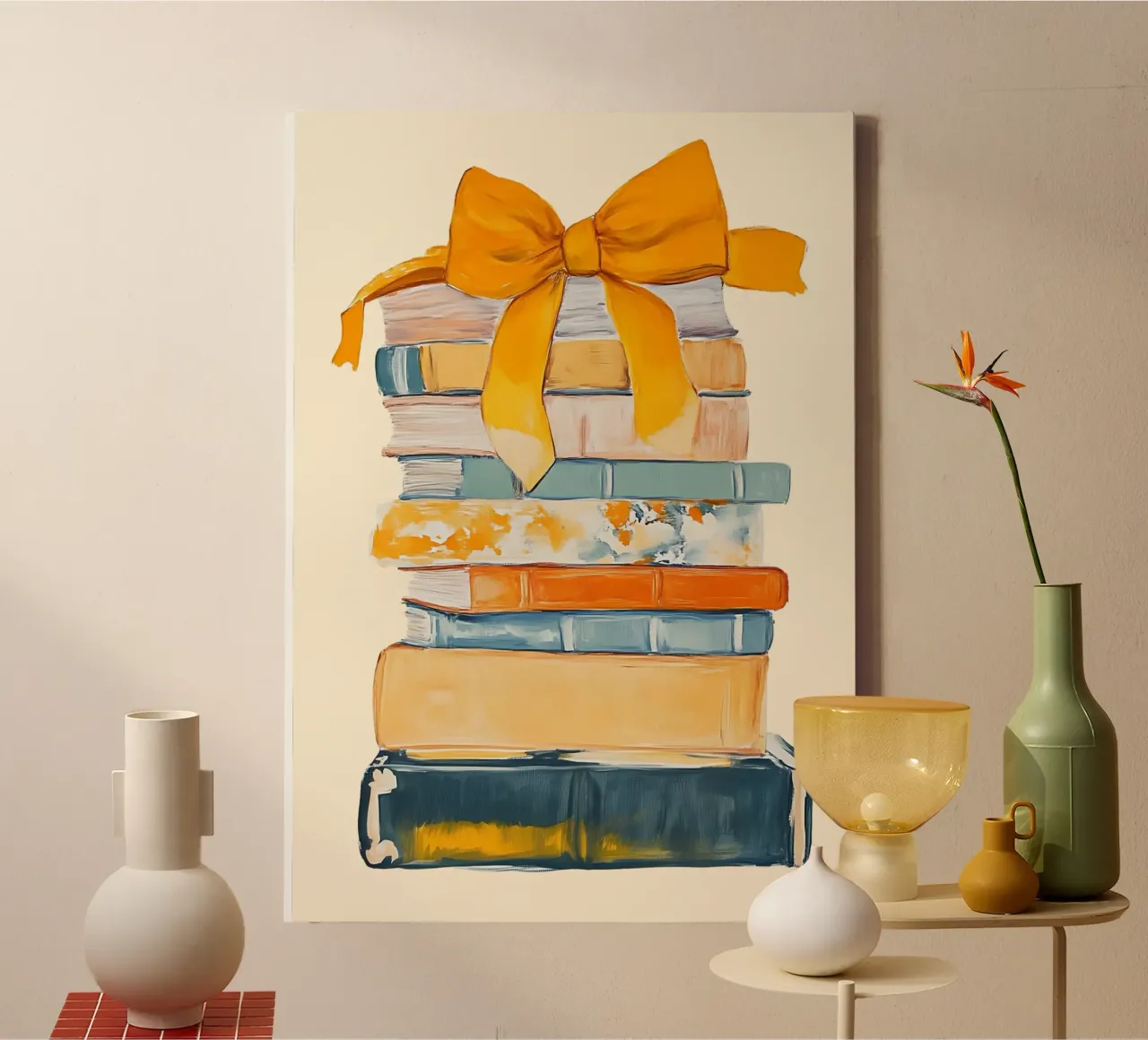 Book Stack with Yellow Bow Abstract Poster canvas with Floater frame by vintagepod
