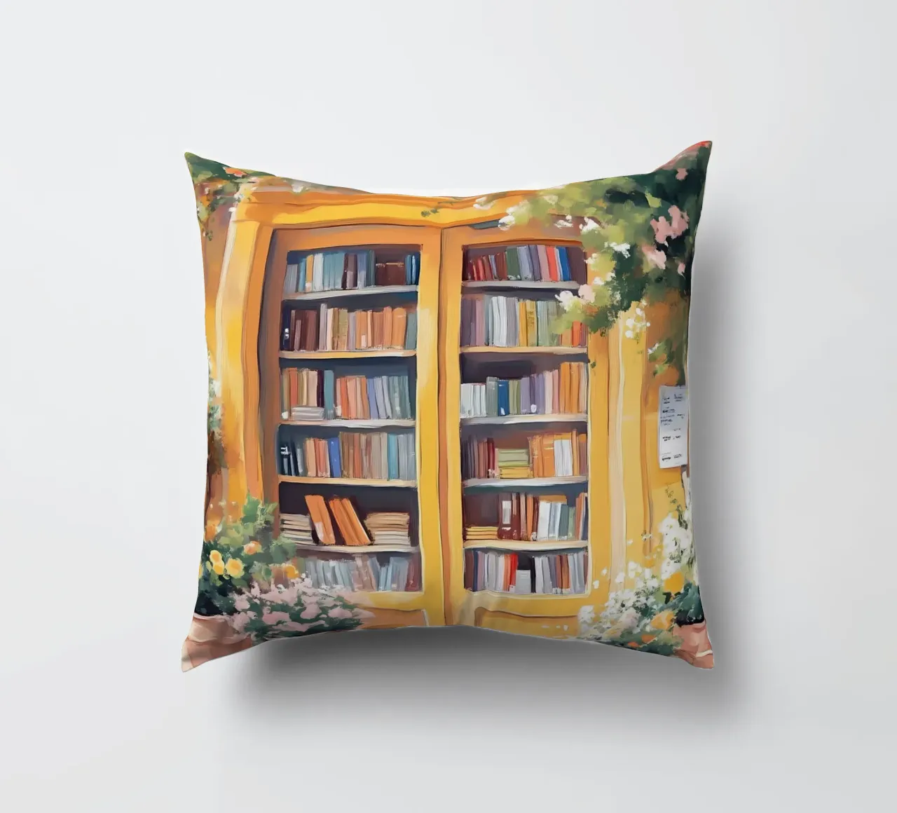 Poster acquerellato per l'ingresso di una libreria di charme cuscino da vintagepod