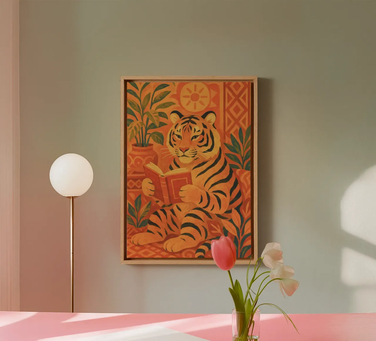 Tiger Reading a Book Folk Art Poster canvas with Floater frame by vintagepod
