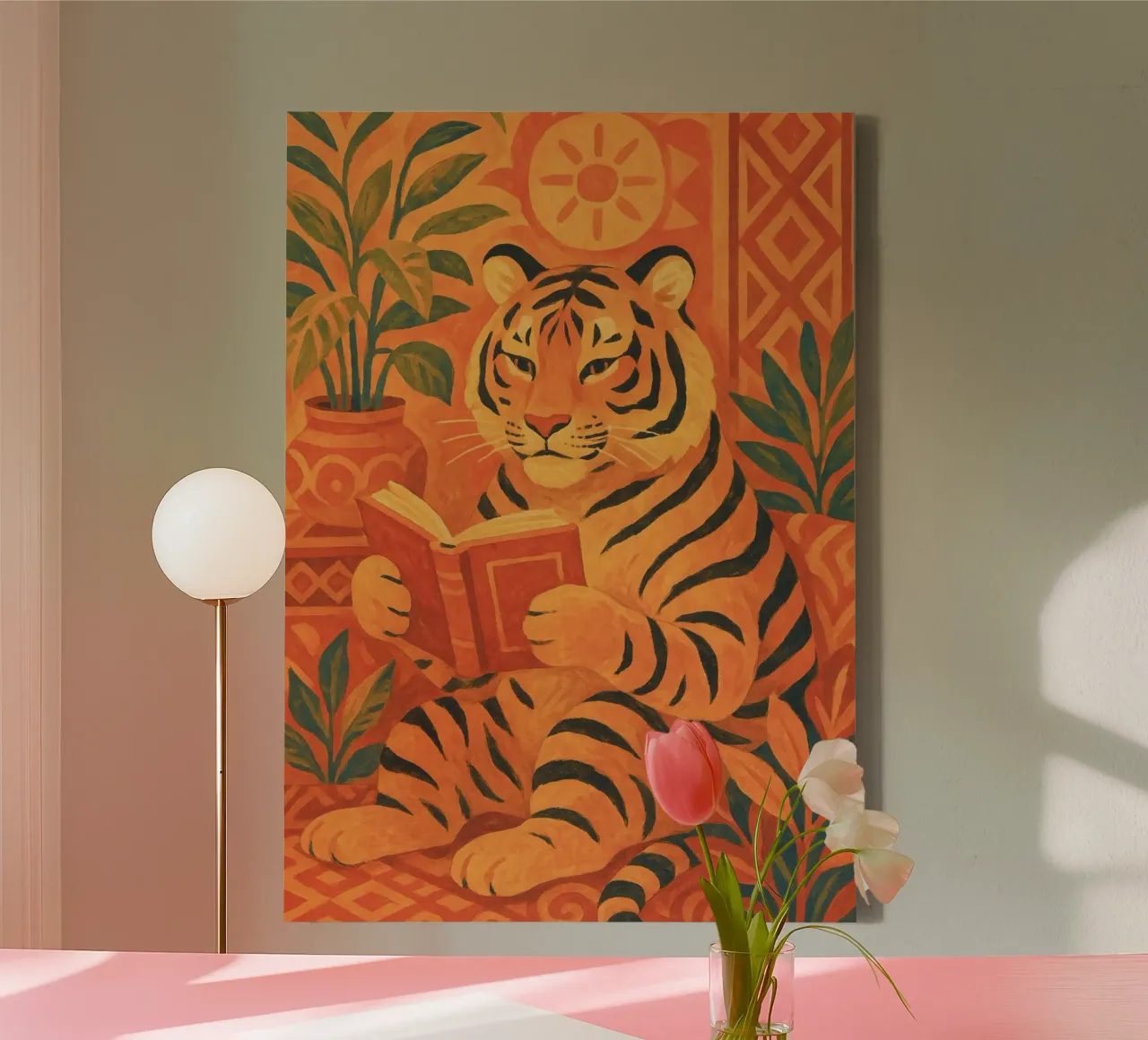 Tiger Reading a Book Folk Art Poster canvas with Floater frame by vintagepod