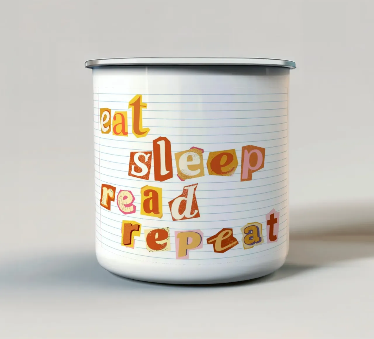 Poster in stile "Eat Sleep Read Repeat" (Mangiare, dormire, leggere, ripetere) tazza in smalto da vintagepod