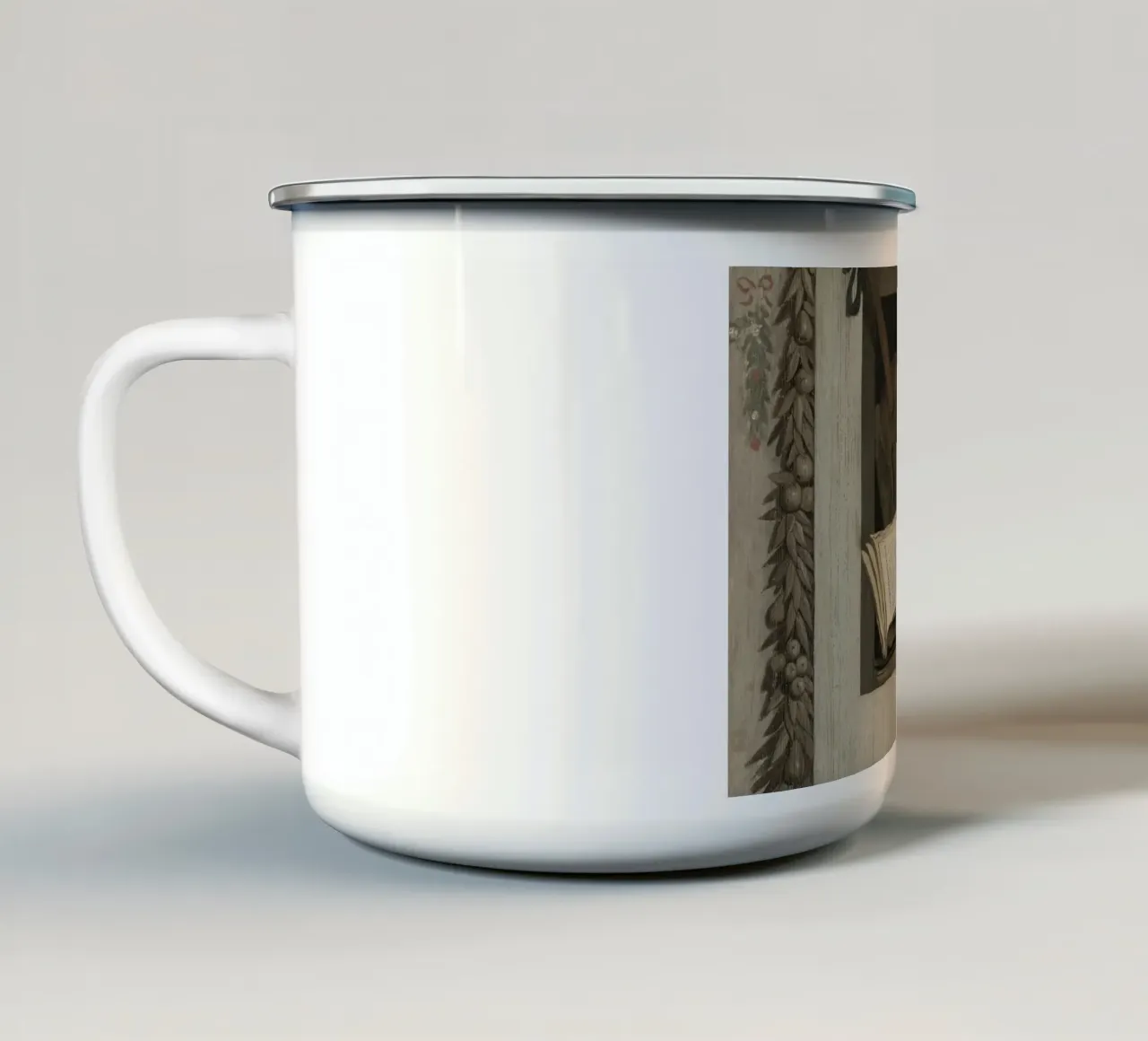 Natura morta con gufo, libri e partitura musicale tazza in smalto da vintagepod