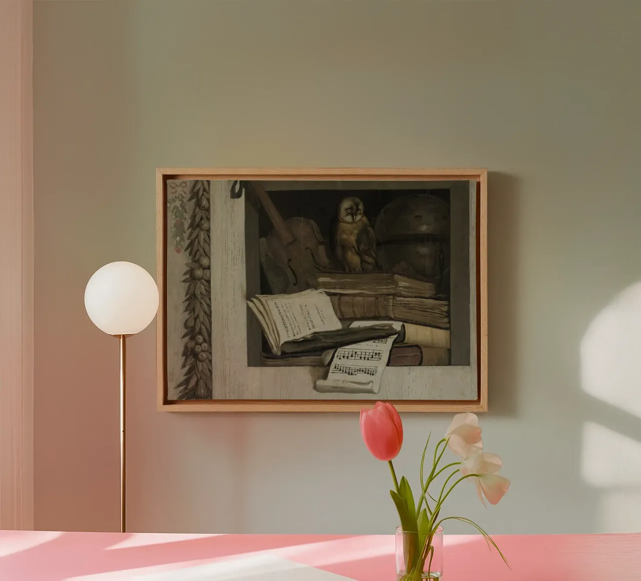 Natura morta con gufo, libri e partitura musicale tela con Cornice a cassetta da vintagepod