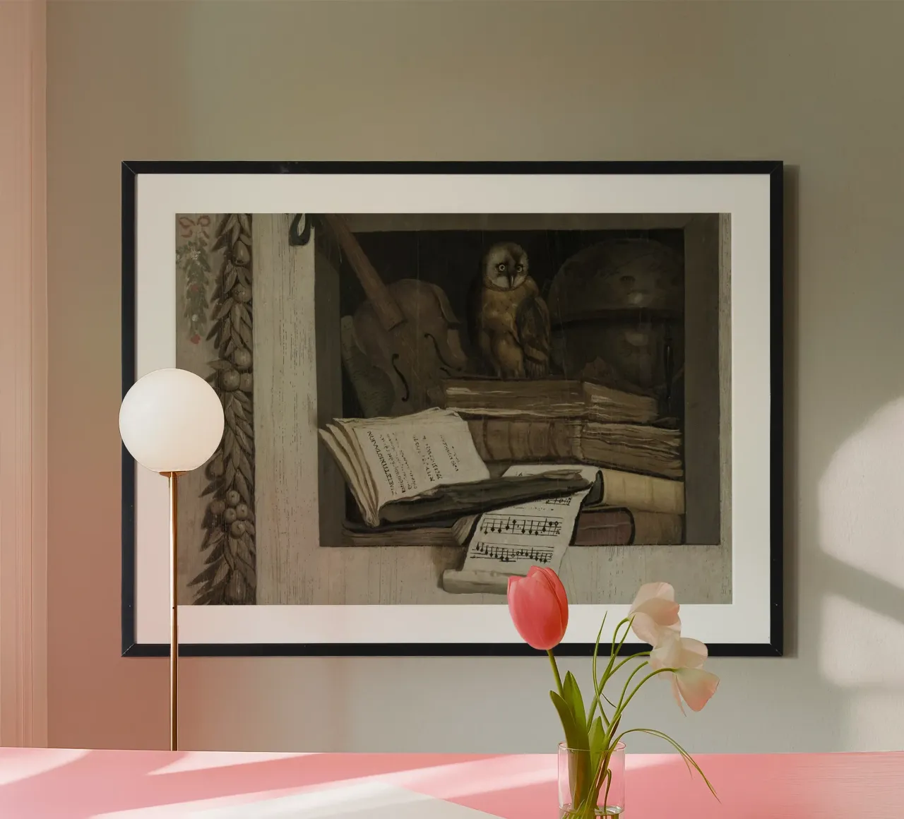 Natura morta con gufo, libri e partitura musicale poster da vintagepod