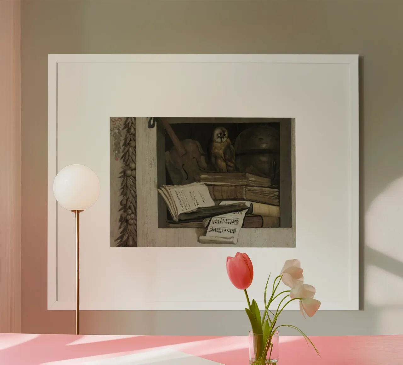 Natura morta con gufo, libri e partitura musicale poster da vintagepod