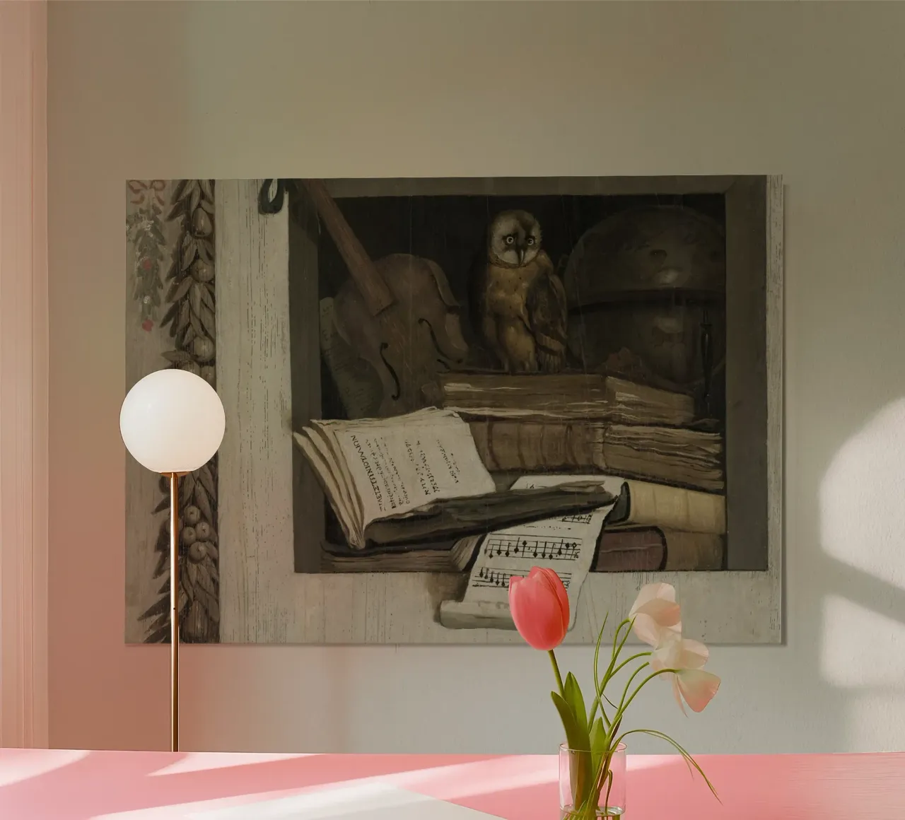 Natura morta con gufo, libri e partitura musicale poster da vintagepod