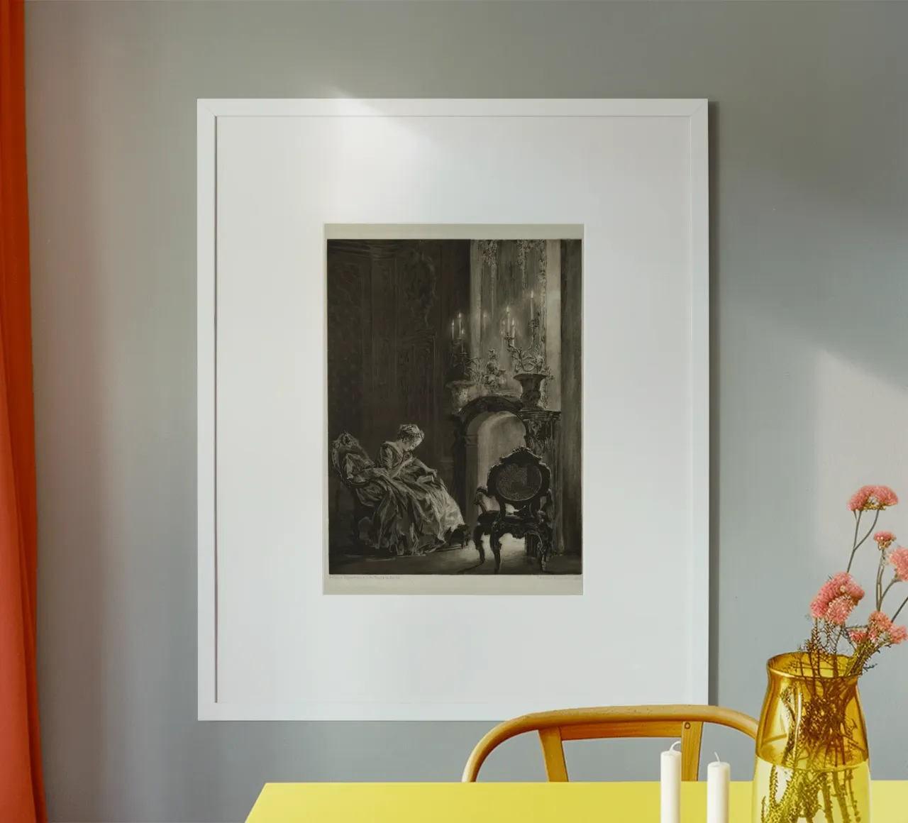 Femme lisant à la lueur d'une bougie Gravure à l'eau-forte poster avec cadre en plastique de vintagepod