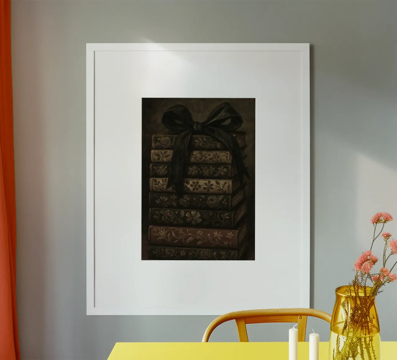 Pila di libri vintage con nastro Dark Academia poster con telaio in legno da vintagepod