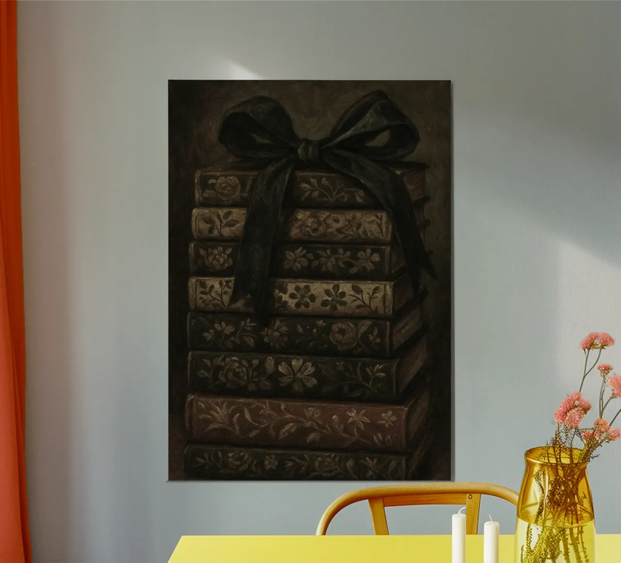 Pila di libri vintage con nastro Dark Academia poster con telaio in legno da vintagepod