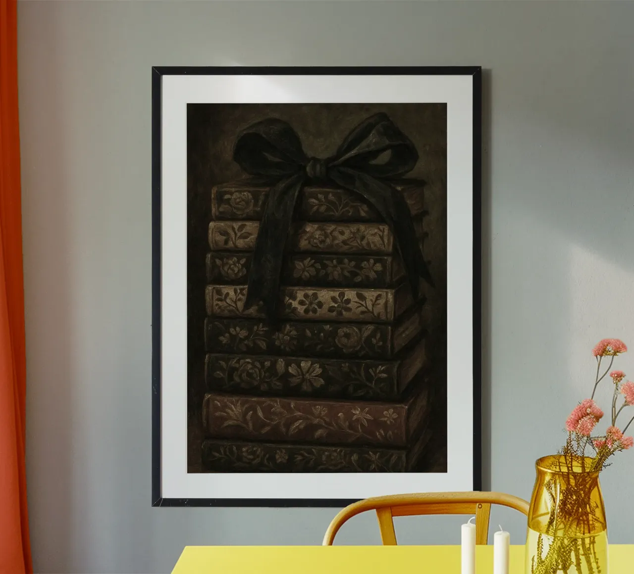Pila di libri vintage con nastro Dark Academia poster con telaio in legno da vintagepod